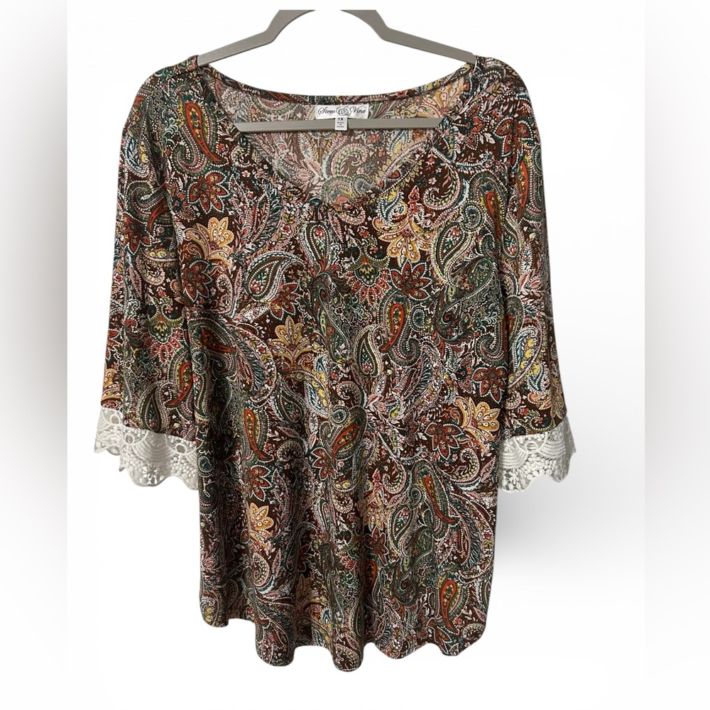 Stem and Vine Women’s Multicolor Paisley 3/4 Sleeve Blouse with Lace Cuffs